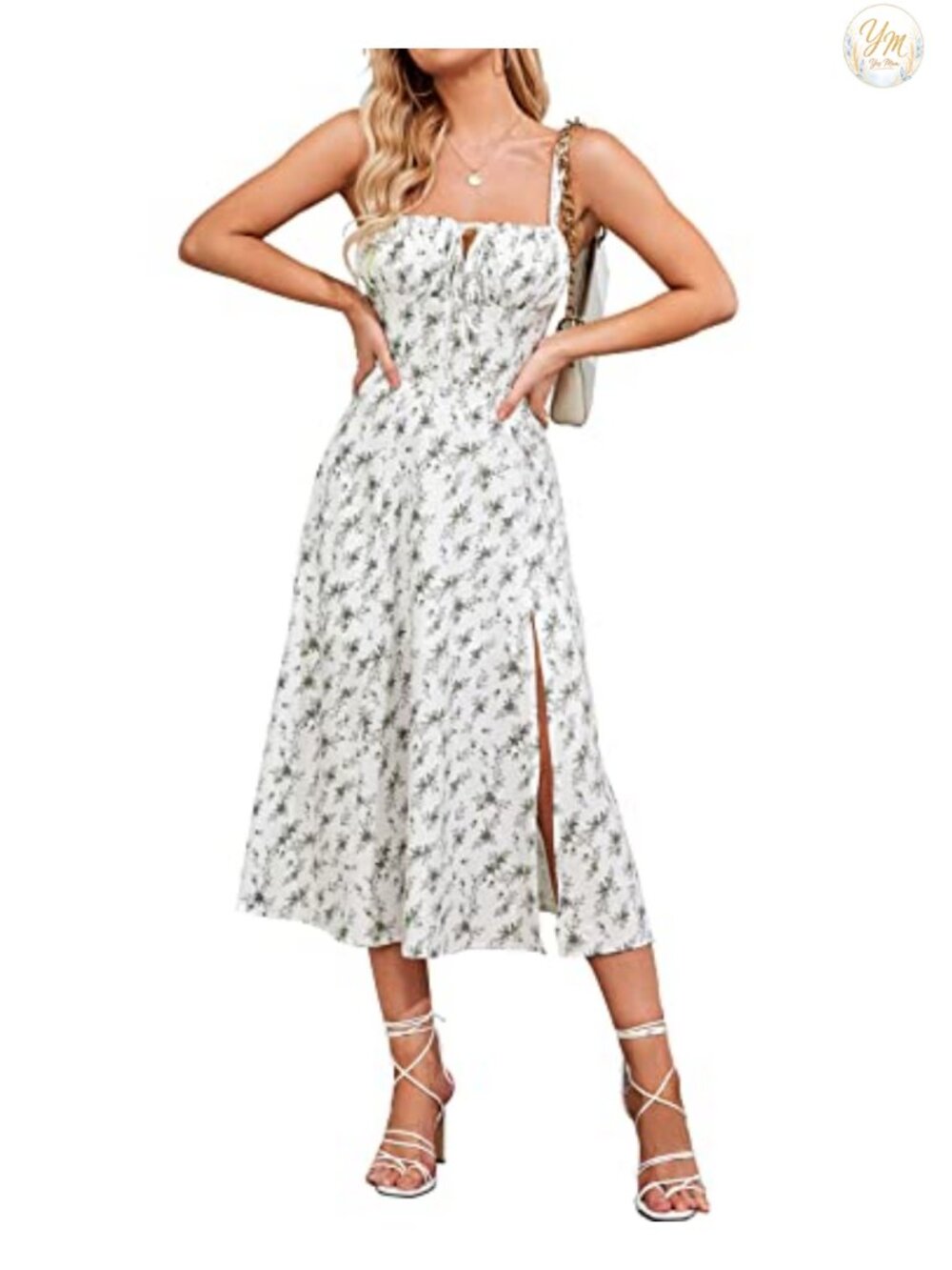 Corset Midi Sundress with Square Neckline and Lace Up Back